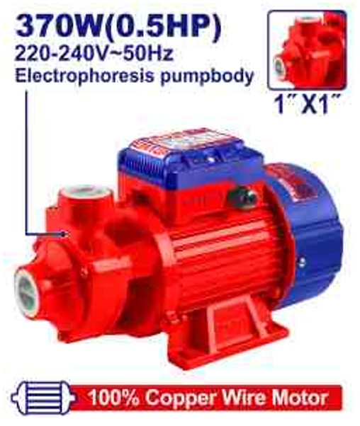 370W 0.5HP Peripheral Water Pump 35m Head 35L/min Flow 8m Suction 1"x1" Ports Copper Motor Brass Impeller Stainless Shaft Color Box